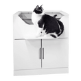 Load image into Gallery viewer, A black and white Tuxedo cat sitting on the perch of a LoftyLoo raised cat litter box