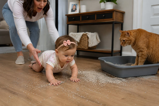 baby crawling in cat litter on the floor