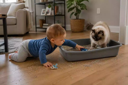 baby playing in the cat litter box