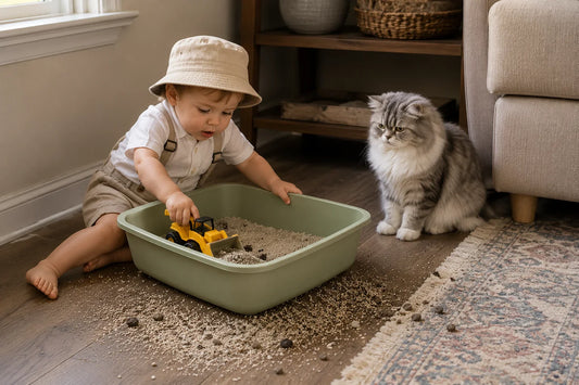 toddler playing with his toy bulldozer in cat litter box