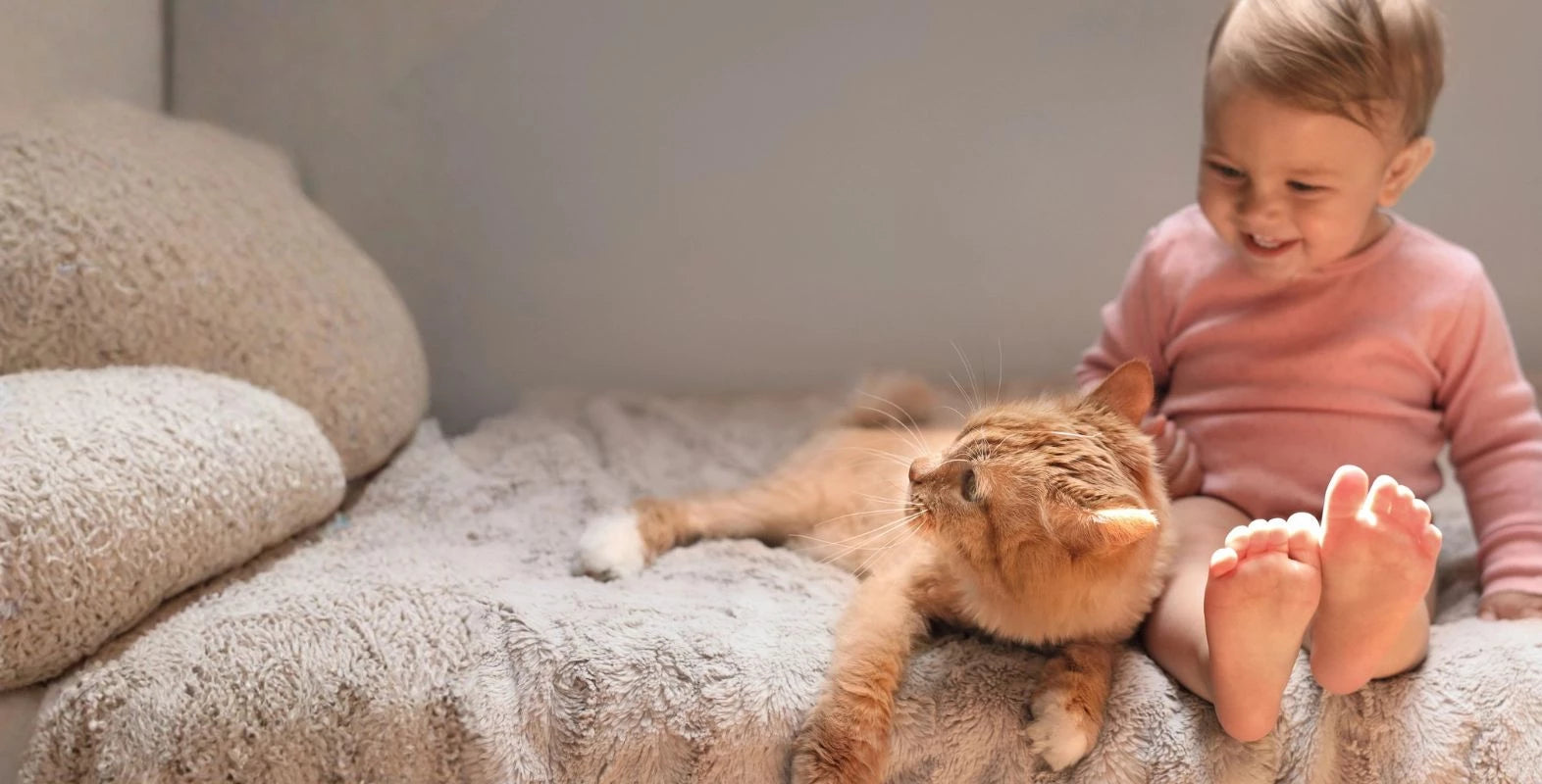 Baby near a cat beside a baby-proof elevated litter box setup