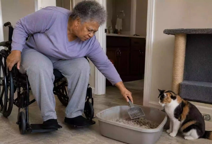 black woman struggling to clean litter box on the floor from her wheelchair