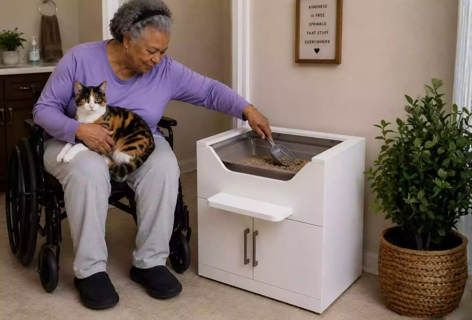 black woman seated in her wheelchair cleaning a raised litter box  with ease