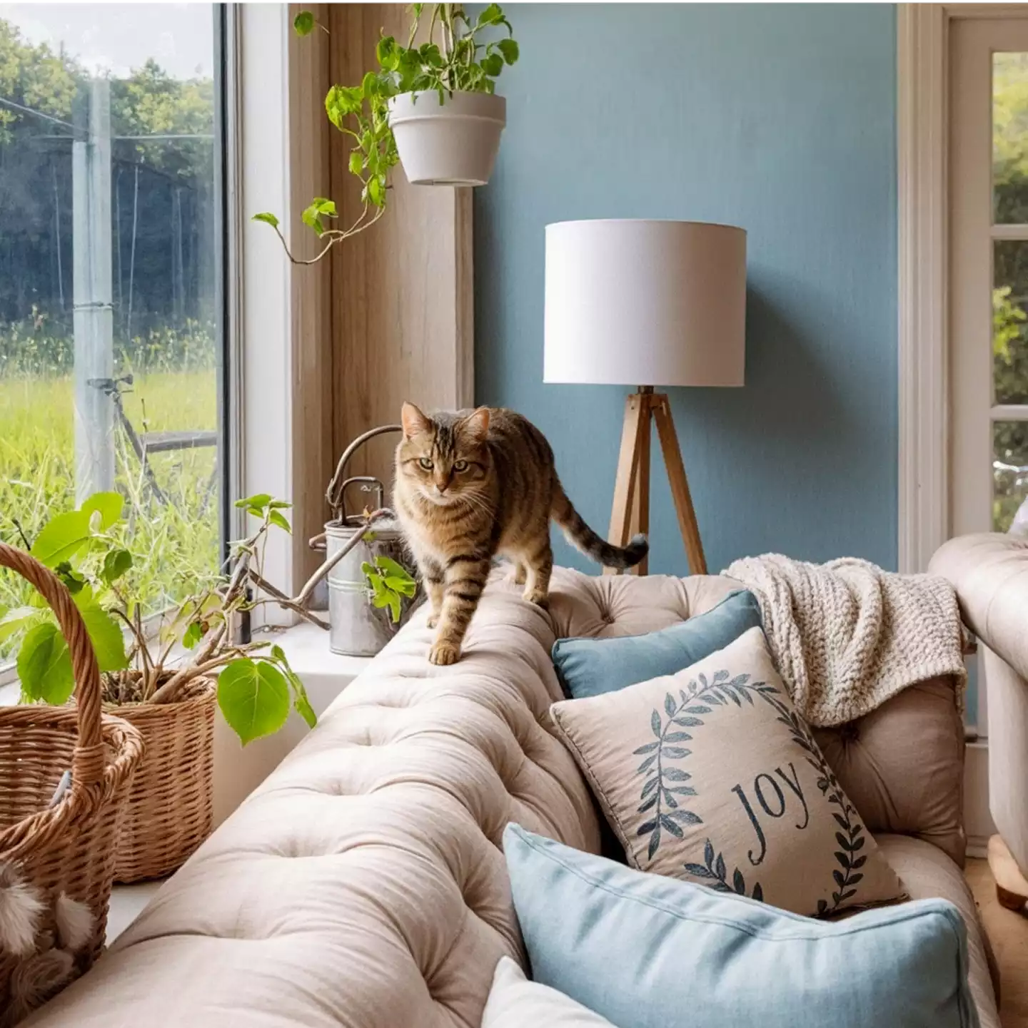 Cat walking on a couch for LoftyLoo social media