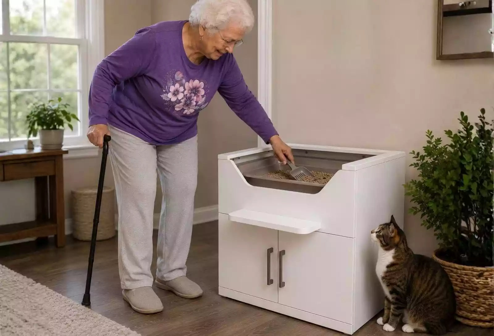 Elderly woman safely standing with a cane to clean her cat's litter box.