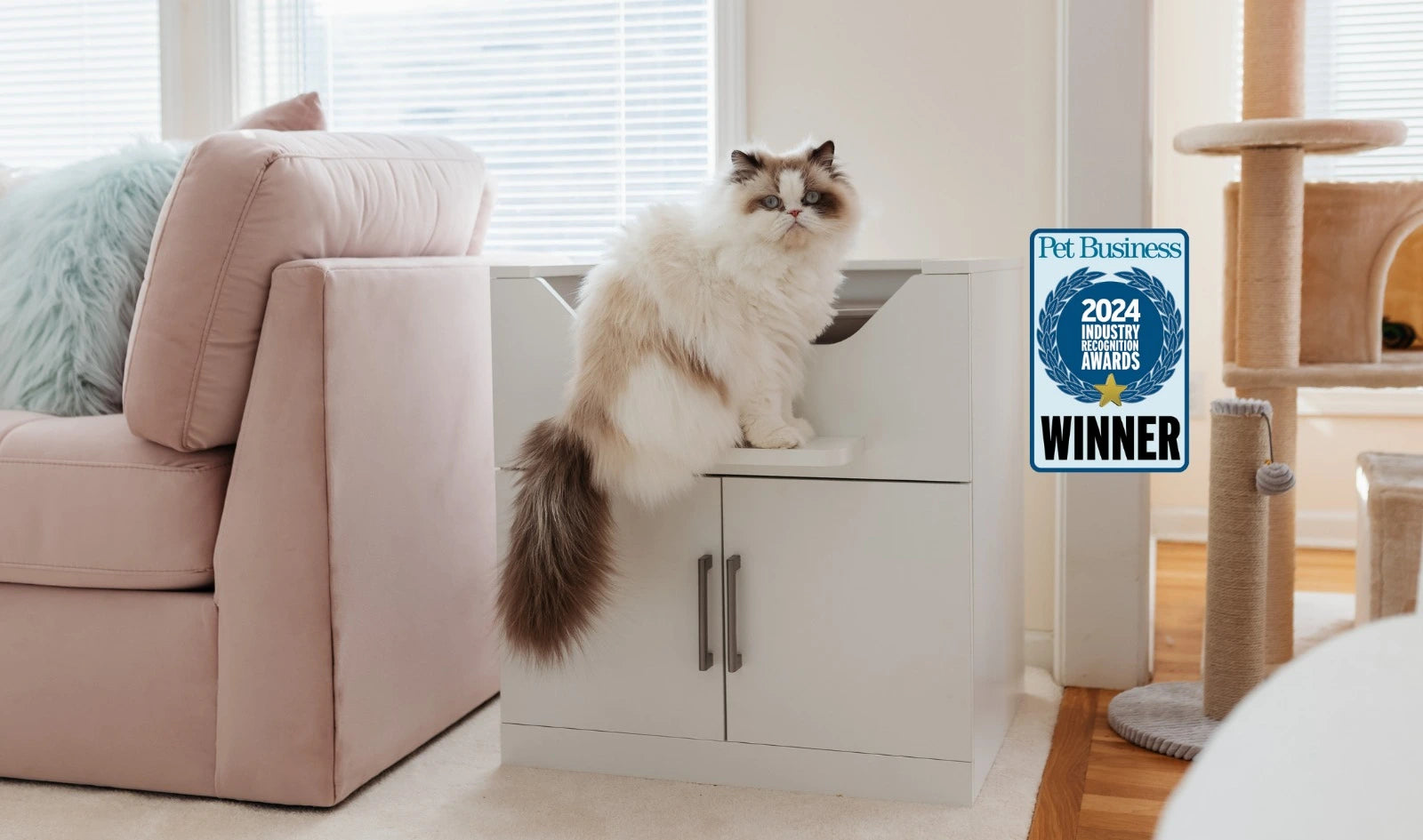 Easy cat litter box furniture in a modern white cabinet design
