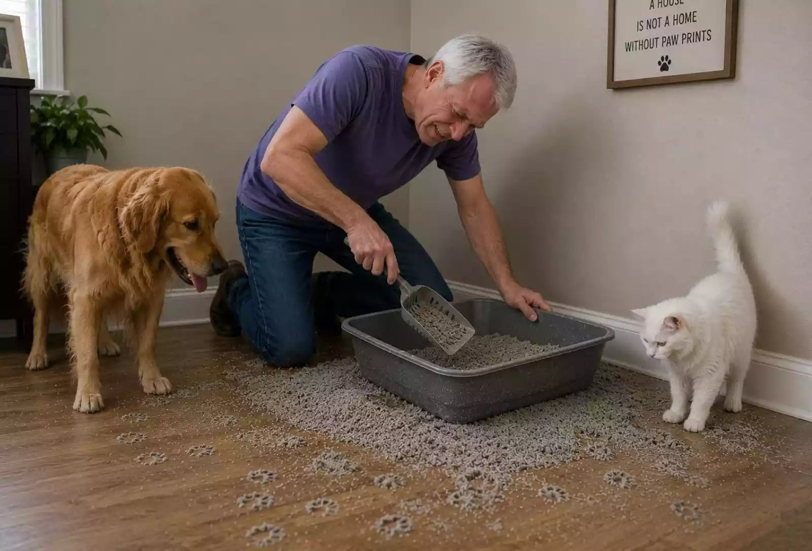 main painfully on his knees scooping a cat litter box on the floor