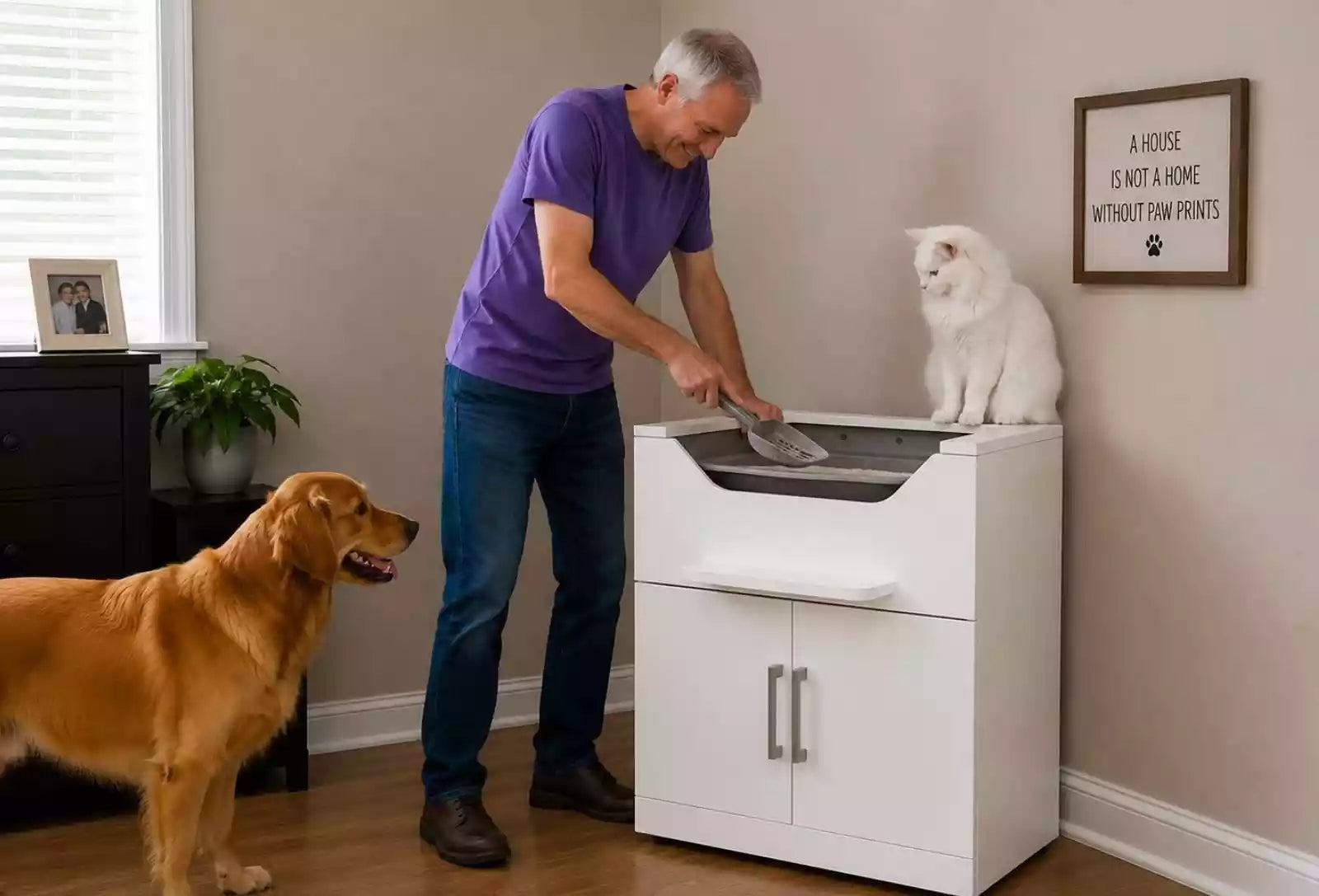 man scooping the litter box whille standing with ease