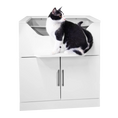 Load image into Gallery viewer, A black and white Tuxedo cat sitting on the perch of a LoftyLoo raised cat litter box
