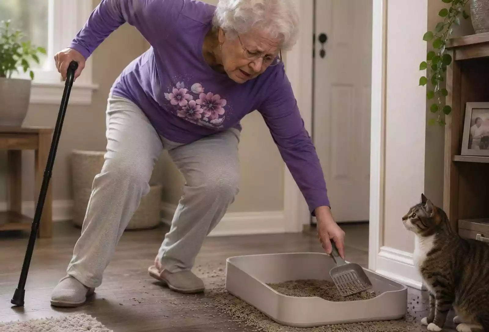 Elderly woman falling trying to clean her cat's itter box.