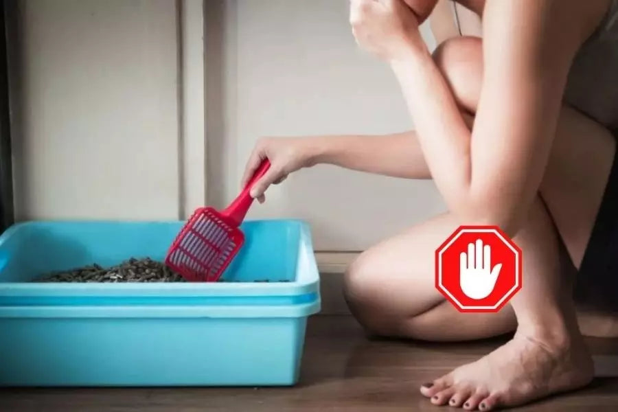 woman on her knees bending to scoop cat litter box