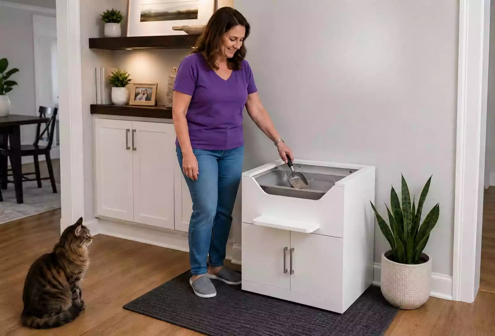 woman standing cleaning a raised cat litter box comfortably 